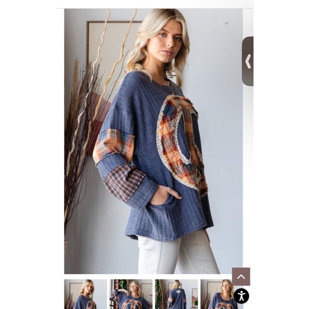 Oli & Hali top Peace sign oversized Sweater OLI HALI pockets plaid NWOT blue new - Picture 8 of 12